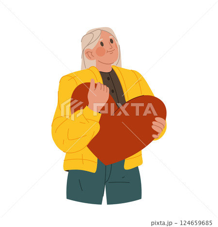 Happy woman with heart, vector image or clipart. Lady holds heart in hands. Sign that means to be in love, give a love or confession of love. Romantic mood or vibe. Valentines day greeting card. Happy woman with heart, vector image or clipart. Lady holds heart in hands. Sign that means to be in love, give a love or confession of love. Romantic mood or vibe. Valentines day greeting card. 124659685