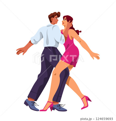 Man and woman dancing bachata. Vector latin dance couple showing rhythmic steps and dynamic movement. Romantic and passion, sensual choreography. Entertainment and music, rhythm and social motion. 124659693