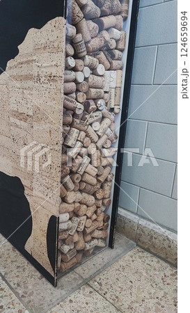 Cork storage box in a school in Portugal. Concept of ecology and recycling of recyclable, ecological materials, education 124659694