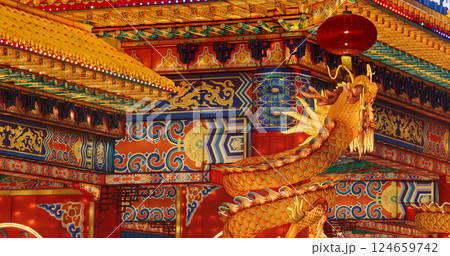 Beijing, China. Large Lantern Composition At Zigong Lantern Festival. National Color. Chinese Dragon Is Legendary Creature In Chinese Mythology Symbolize Potent And Auspicious Powers, Particularly Beijing, China. Large Lantern Composition At Zigong Lantern Festival. National Color. Chinese Dragon Is Legendary Creature In Chinese Mythology Symbolize Potent And Auspicious Powers, Particularly 124659742