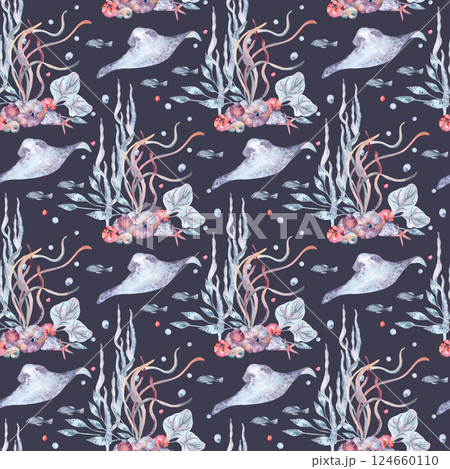 Deep ocean life watercolor seamless pattern of delicate fish, sea plants, and corals in pastel shades on dark. Repeated background undersea for summer textiles, wrapping paper, marine print. Deep ocean life watercolor seamless pattern of delicate fish, sea plants, and corals in pastel shades on dark. Repeated background undersea for summer textiles, wrapping paper, marine print. 124660110