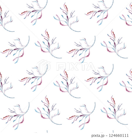 Elegant seamless pattern with watercolor coral branches and delicate seaweeds in soft pink tones on white. Hand drawn marine botanical design for textiles, wallpapers, and ocean repeat texture. Elegant seamless pattern with watercolor coral branches and delicate seaweeds in soft pink tones on white. Hand drawn marine botanical design for textiles, wallpapers, and ocean repeat texture. 124660111