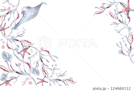 Pink seaweeds and blue stingray aquatic monochrome banner watercolor isolated white background. Ocean creatures life border with stingray and starfish in soft dusty tones hand drawn. Undersea frame. Pink seaweeds and blue stingray aquatic monochrome banner watercolor isolated white background. Ocean creatures life border with stingray and starfish in soft dusty tones hand drawn. Undersea frame. 124660112