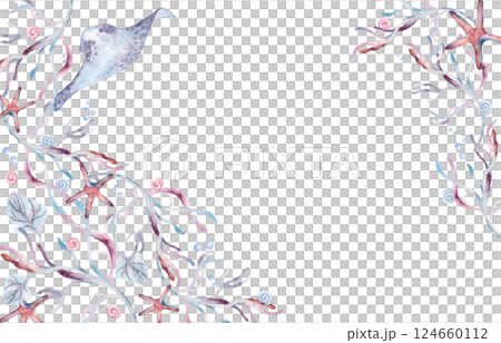 Pink seaweeds and blue stingray aquatic monochrome banner watercolor isolated white background. Ocean creatures life border with stingray and starfish in soft dusty tones hand drawn. Undersea frame. Pink seaweeds and blue stingray aquatic monochrome banner watercolor isolated white background. Ocean creatures life border with stingray and starfish in soft dusty tones hand drawn. Undersea frame. 124660112