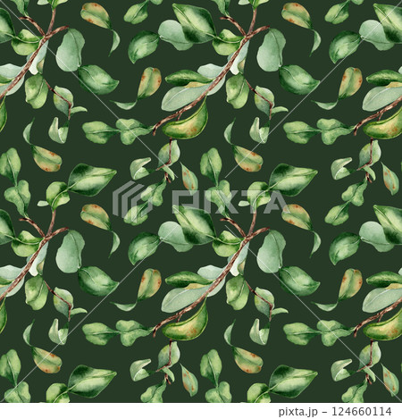 Citrus tree sprigs with lush green leaves in a seamless watercolor pattern isolated. Repeating bergamot foliage texture for wallpaper, fabric, and organic packaging. Greenery botanical print. Citrus tree sprigs with lush green leaves in a seamless watercolor pattern isolated. Repeating bergamot foliage texture for wallpaper, fabric, and organic packaging. Greenery botanical print. 124660114
