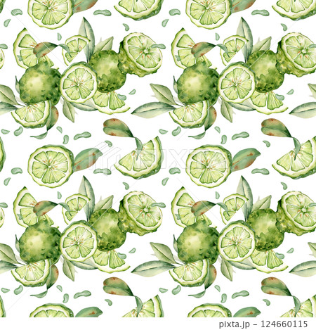 Bright citrus seamless pattern isolated. Watercolor bergamot and lime segments hand drawn with artistic foliage on a repeating texture. Ideal for textiles, wrapping paper, and kitchen decor. 124660115