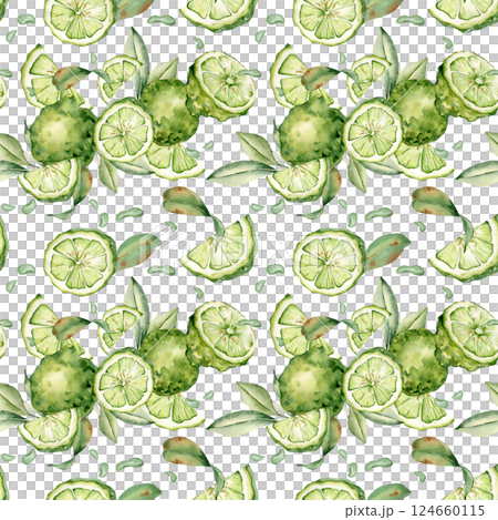 Bright citrus seamless pattern isolated. Watercolor bergamot and lime segments hand drawn with artistic foliage on a repeating texture. Ideal for textiles, wrapping paper, and kitchen decor. 124660115