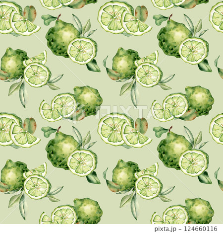 Bright lime fruit pattern isolated on white. Watercolor seamless design with green limes, slices, and leaves hand drawn botanical style. For textiles, wallpaper, packaging, and fresh tropical decor. 124660116