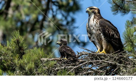 A majestic hawk and its chick perch in a pine tree, illustrating the grace of raptors in the wild 124660177