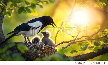 A magpie feeds its chicks in a nest, bathed in warm sunrise light, symbolizing care and tenderness in nature 124660191