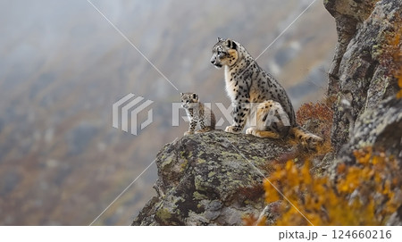 A snow leopard and her cub sit perched on a rocky ledge, overlooking a misty mountain landscape 124660216