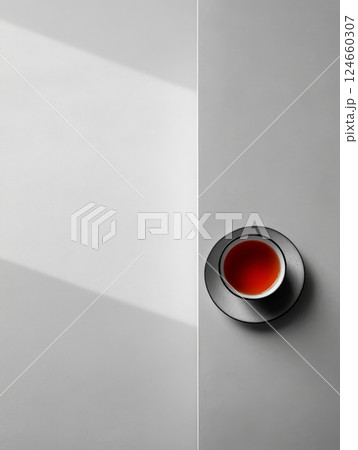 A black and white composition featuring a cup of red tea on a saucer, placed at the intersection of light and dark surfaces, with ample copy space 124660307