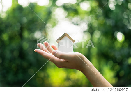 Eco-friendly house concept, The concept of real estate in mortgages. copyspace, copy space Eco-friendly house concept, The concept of real estate in mortgages. copyspace, copy space 124660407