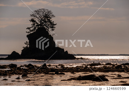静かな波の富山湾と幻想的な朝を迎えた雨晴海岸の景色|富山県高岡市 静かな波の富山湾と幻想的な朝を迎えた雨晴海岸の景色|富山県高岡市 124660599