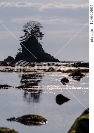 静かな波の富山湾と幻想的な朝を迎えた雨晴海岸の景色｜富山県高岡市 124660604