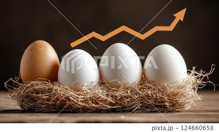 Rising line chart over eggs in nest on black background. Food inflation concept 124660658