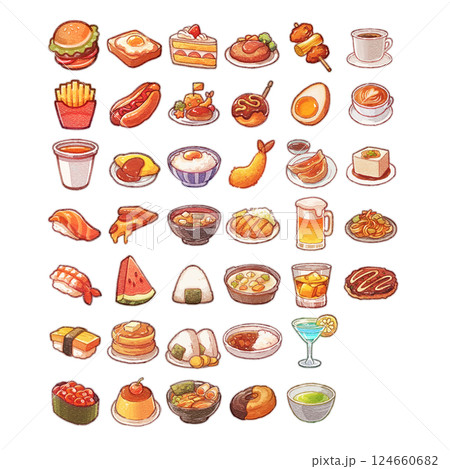 かわいいごはん・スイーツ・ドリンクのイラストセット 124660682