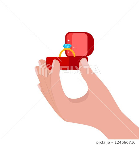 Hand hold golden wedding ring in luxury box. Gold ring with blue gemstone. Engagement, marriage proposal, wedding, Valentines Day symbol, romantic love attribute. Vector illustration. 124660710