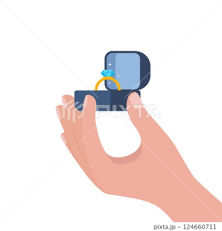 Hand hold golden wedding ring in luxury box. Gold ring with blue gemstone. Engagement, marriage proposal, wedding, Valentines Day symbol, romantic love attribute. Vector illustration. Hand hold golden wedding ring in luxury box. Gold ring with blue gemstone. Engagement, marriage proposal, wedding, Valentines Day symbol, romantic love attribute. Vector illustration. 124660711