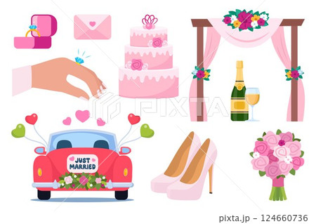 Wedding accessories, decorations set. Party, proposal, wedding, anniversary elements. Celebrate marriage, save the date ceremony. Vector illustration. Wedding accessories, decorations set. Party, proposal, wedding, anniversary elements. Celebrate marriage, save the date ceremony. Vector illustration. 124660736