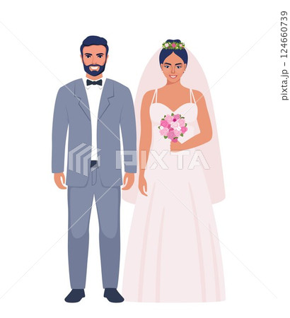 Wedding couple. Bride and groom in formal clothes on wedding day, marriage ceremony. Just married love couple, newlyweds. Vector illustration. Wedding couple. Bride and groom in formal clothes on wedding day, marriage ceremony. Just married love couple, newlyweds. Vector illustration. 124660739