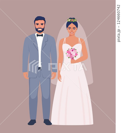 Wedding couple. Bride and groom in formal clothes on wedding day, marriage ceremony. Just married love couple, newlyweds. Vector illustration. 124660742
