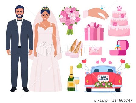 Groom and bride. Wedding accessories, decorations set. Party, proposal, wedding, anniversary elements. Celebrate marriage, save the date ceremony. Vector illustration. Groom and bride. Wedding accessories, decorations set. Party, proposal, wedding, anniversary elements. Celebrate marriage, save the date ceremony. Vector illustration. 124660747