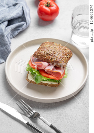 Toast sandwich made of grain bread with prosciutto, cheese, tomatoes, lettuce and sauce on a plate 124661074