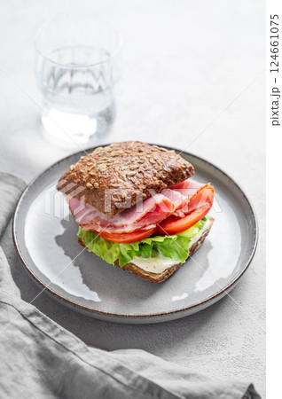Toast sandwich made of grain bread with prosciutto, cheese, tomatoes, lettuce and sauce on a plate 124661075