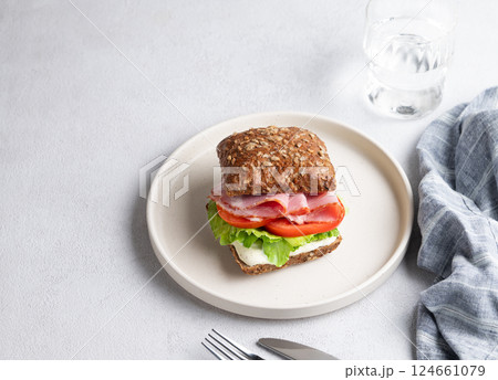 Toast sandwich made of grain bread with prosciutto, cheese, tomatoes, lettuce and sauce on a plate Toast sandwich made of grain bread with prosciutto, cheese, tomatoes, lettuce and sauce on a plate 124661079