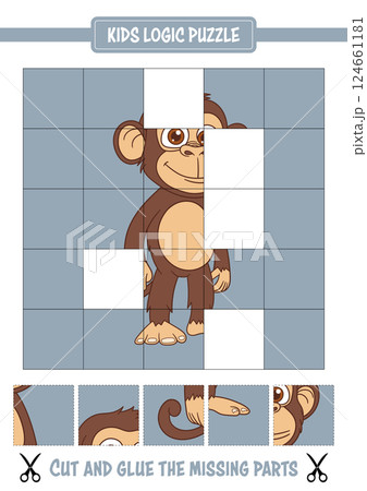 Kids puzzle featuring a cartoon monkey. Activity to cut and glue missing parts to finish the picture. 124661181