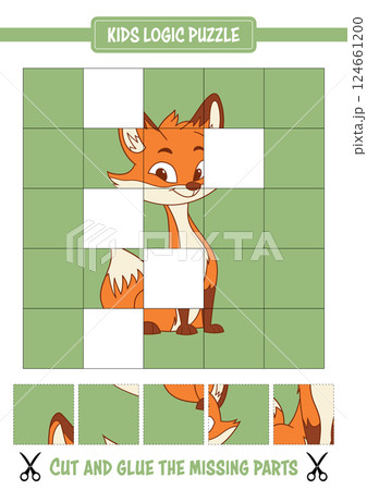 Cute fox character presented as a logic puzzle for kids that encourages thinking skills. 124661200