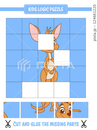 Cartoon kangaroo character in a children's logic puzzle with missing pieces on a light blue grid background 124661220