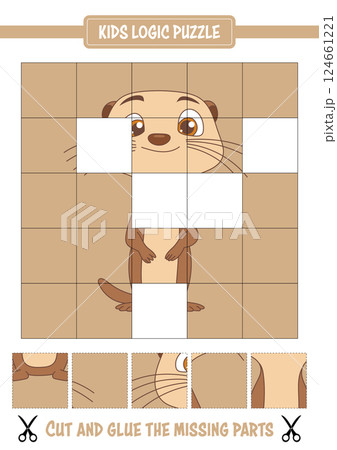 Cartoon otter logic puzzle with missing grid pieces to cut and paste, perfect for kids' educational activity. 124661221