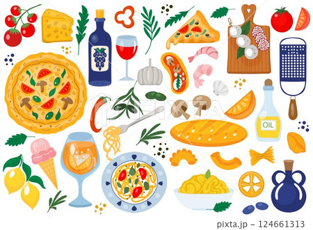 Italian food set, ingredients. Cartoon doodle stickers of traditional products: olive oil, tomatoes, mozzarella, pizza, cheese, pasta. Vector Illustration 124661313