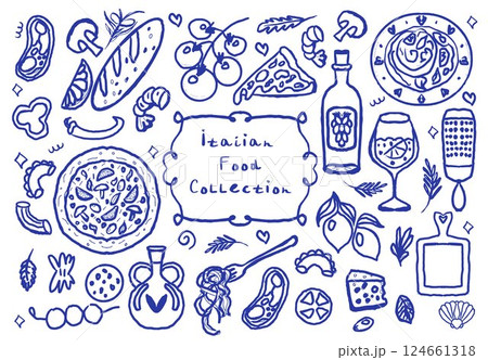 Beautiful collection of hand drawn Italy food set whimsical style La Dolce Vita. Vector Illustration Beautiful collection of hand drawn Italy food set whimsical style La Dolce Vita. Vector Illustration 124661318