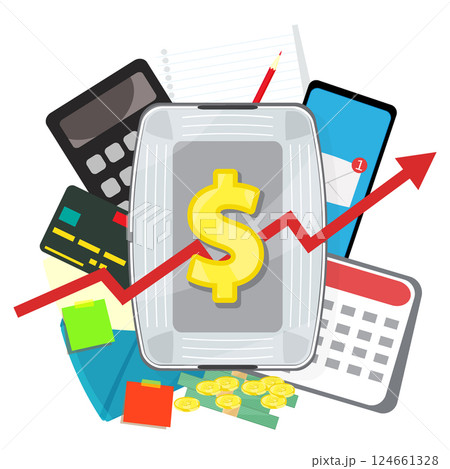 Infographic vector illustration grocery basket with currency icon, calculator with smartphone, to do list with notes laying around. Living cost inflation and budget planning. 124661328