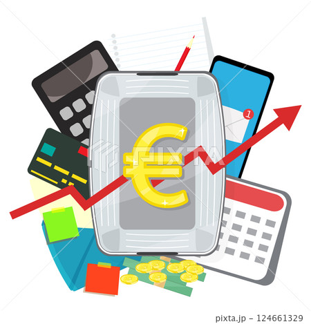 Infographic vector illustration grocery basket with currency icon, calculator with smartphone, to do list with notes laying around. Living cost inflation and budget planning. Infographic vector illustration grocery basket with currency icon, calculator with smartphone, to do list with notes laying around. Living cost inflation and budget planning. 124661329