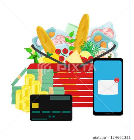 Shopping basket with grocery food and drink products, money cash, credit card and smartphone with message notification. Cashless payment and transactions. Shopping basket with grocery food and drink products, money cash, credit card and smartphone with message notification. Cashless payment and transactions. 124661331