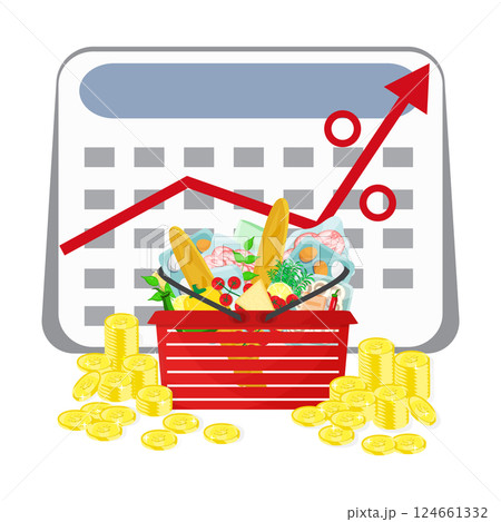 Infographic vector illustration basket with grocery food and drink products, calendar with arrow rise and money coins stacks. Living cost inflation and budget planning. Infographic vector illustration basket with grocery food and drink products, calendar with arrow rise and money coins stacks. Living cost inflation and budget planning. 124661332