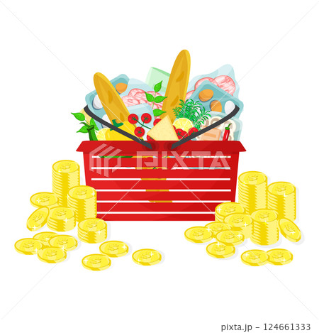 Infographic vector illustration basket with grocery food and drink products and money coins stacks. Living cost inflation and budget planning. Infographic vector illustration basket with grocery food and drink products and money coins stacks. Living cost inflation and budget planning. 124661333
