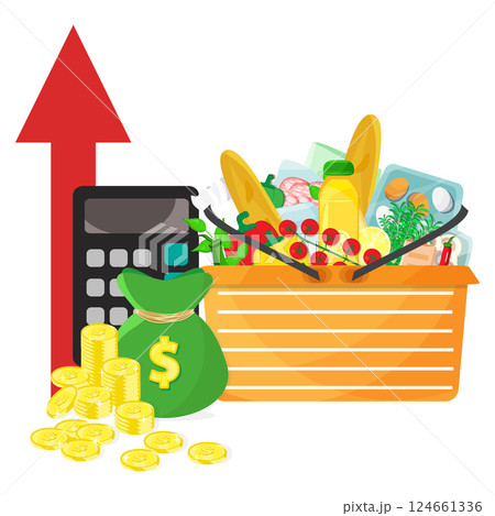 Infographic vector illustration basket with grocery food and drink products, calculator, sack of money cash with coins stacks and arrow. Living cost inflation and budget planning. 124661336