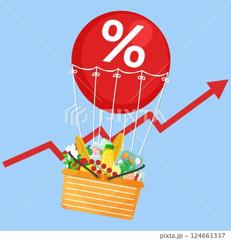 Vector illustration grocery basket flying on red air balloon with percent sign on blue background with red arrow inflation rise. Living cost inflation and budget plan. Vector illustration grocery basket flying on red air balloon with percent sign on blue background with red arrow inflation rise. Living cost inflation and budget plan. 124661337