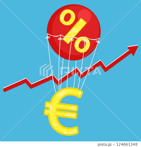 Vector illustration of euro golden icon flying on red air balloon with percent sign on blue background with red arrow inflation rise. Living cost inflation and budget plan. Vector illustration of euro golden icon flying on red air balloon with percent sign on blue background with red arrow inflation rise. Living cost inflation and budget plan. 124661348