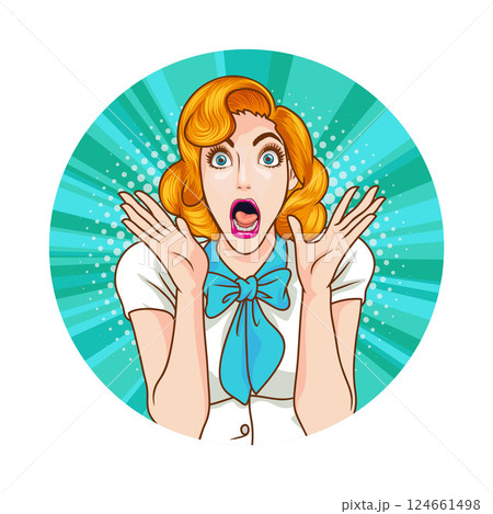 Avatar of woman or business person in various poses, circle background, pop art comics style Avatar of woman or business person in various poses, circle background, pop art comics style 124661498