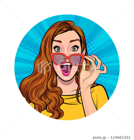 Avatar of woman or business person in various poses, circle background, pop art comics style Avatar of woman or business person in various poses, circle background, pop art comics style 124661501