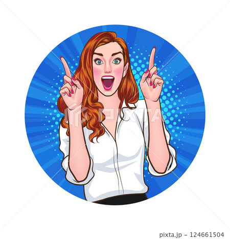 Avatar of woman or business person in various poses, circle background, pop art comics style 124661504
