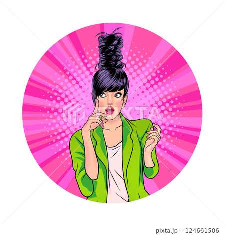 Avatar of woman or business person in various poses, circle background, pop art comics style Avatar of woman or business person in various poses, circle background, pop art comics style 124661506
