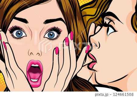 Woman whispering gossip or secret to her friend surprise In Retro Vintage Pop Art Comic Woman whispering gossip or secret to her friend surprise In Retro Vintage Pop Art Comic 124661508