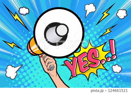 Hand holds megaphone bullhorn in retro pop art comic style Loudspeaker Business banner Hand holds megaphone bullhorn in retro pop art comic style Loudspeaker Business banner 124661521